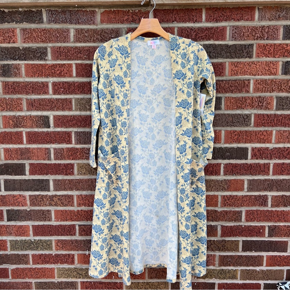 LuLaRoe Cream Yellow and Blue Floral Long Sleeve Lone Line Sweater Cardigan